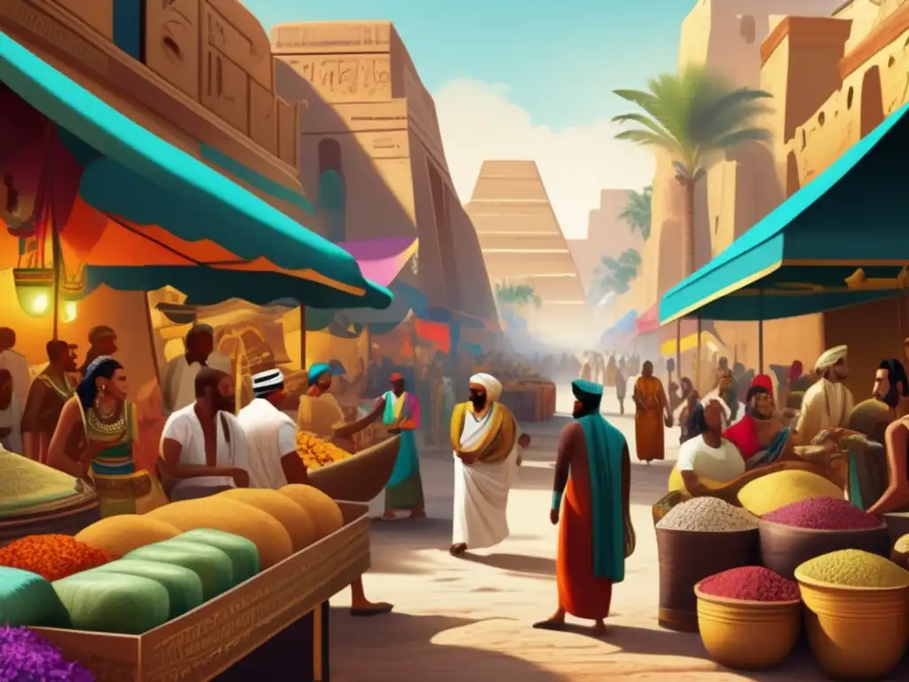 Vibrante ilustración vintage de un bullicioso mercado egipcio en el Nuevo Reino