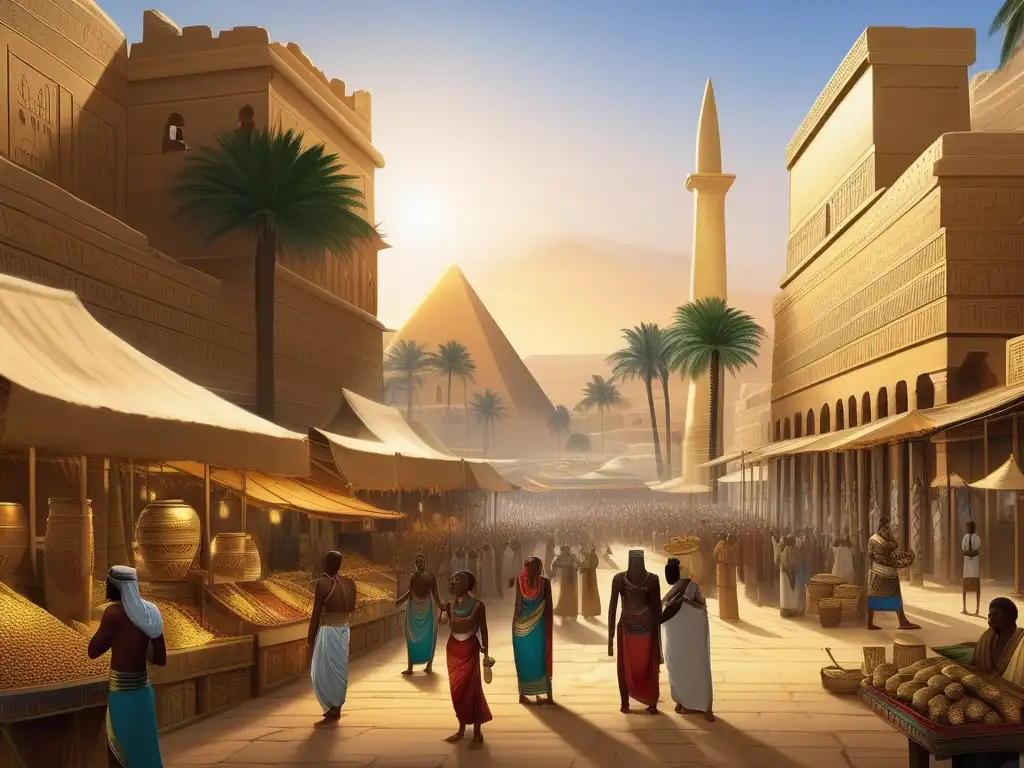 La vibrante ciudad de Tebas en la antigua era egipcia y nubia, con su bullicioso mercado y la fusión de estilos arquitectónicos