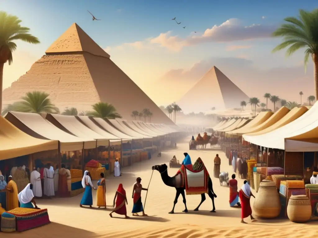 Vibrante comercio textil en el antiguo Egipto: mercaderes y clientes en un bullicioso mercado, rodeados de pirámides y palmeras