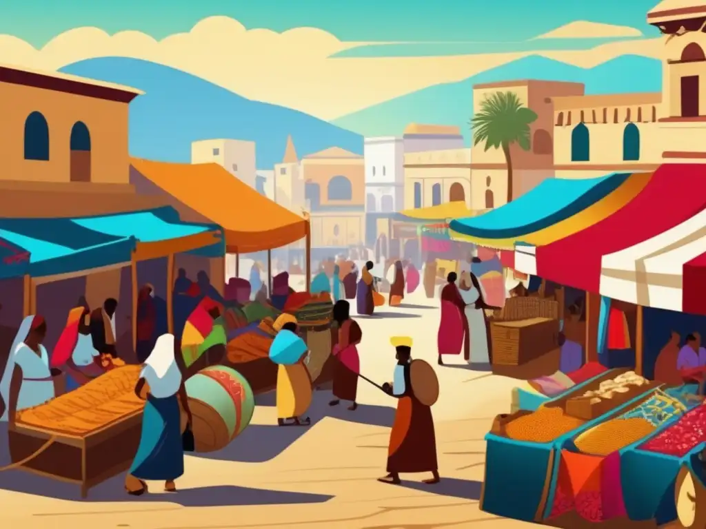 Vibrante comercio textil entre Egipto y el Levante Mediterráneo en un bullicioso mercado antiguo