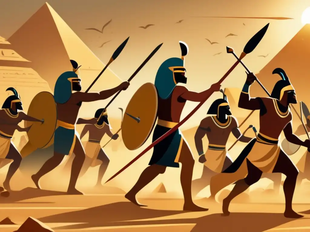 Vibrante conflicto militar en el Antiguo Egipto: soldados egipcios y nubios en una feroz batalla, con el Nilo de fondo