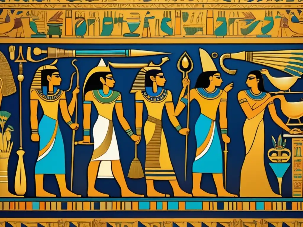Una vibrante y detallada imagen vintage muestra un mural egipcio pintado con exquisitez