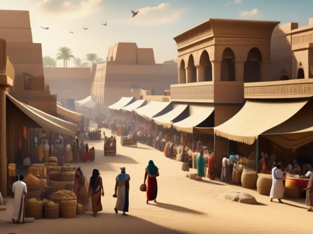 Vibrante enclave comercial Maadi en el Periodo Predinástico de Egipto: Un mercado bullicioso lleno de comerciantes, colores y aromas exóticos que captura la esencia histórica y cultural de Maadi