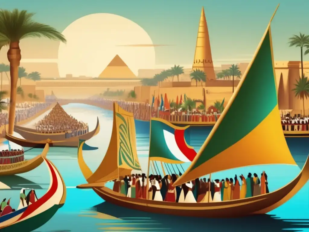 Una ilustración vibrante de una escena animada a lo largo del río durante las celebraciones anuales en torno al Nilo en el antiguo Egipto