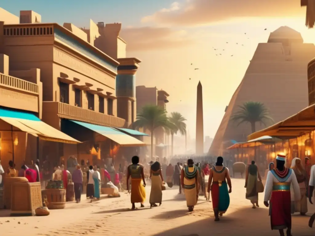Una vibrante escena de la antigua ciudad de Egipto, mostrando la impresionante infraestructura urbana
