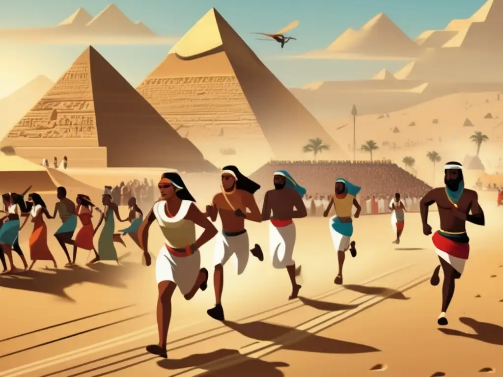 Vibrante escena en el antiguo Egipto, con juegos y competencias físicas junto a las majestuosas pirámides