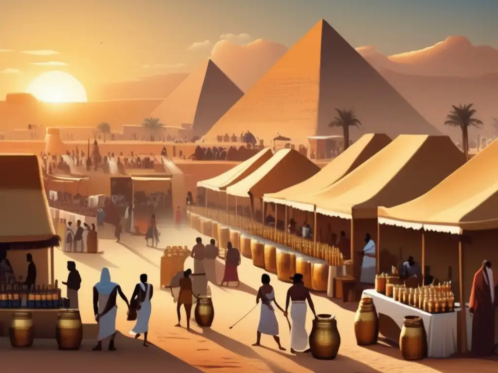 Una vibrante escena en un antiguo mercado egipcio, donde se venden cervezas en jarras de barro