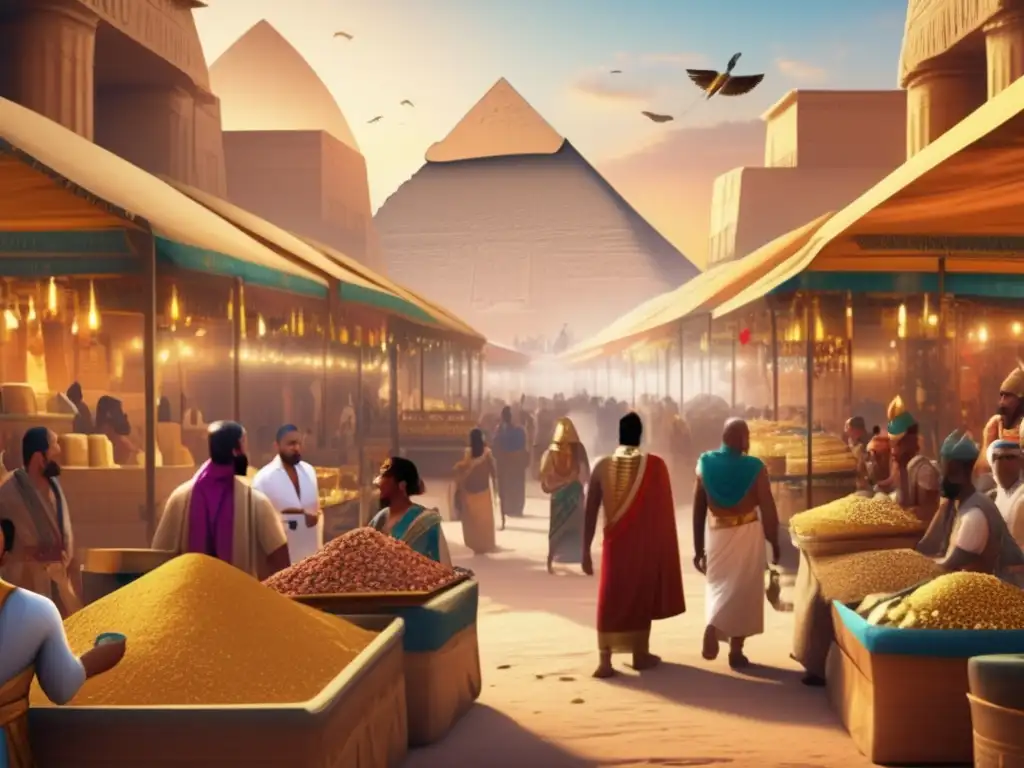 Vibrante escena en el antiguo mercado egipcio, con pirámides y templos de fondo
