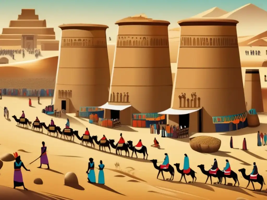 Vibrante escena en el antiguo Egipto: mercados bulliciosos rodean los silos de barro adornados con jeroglíficos