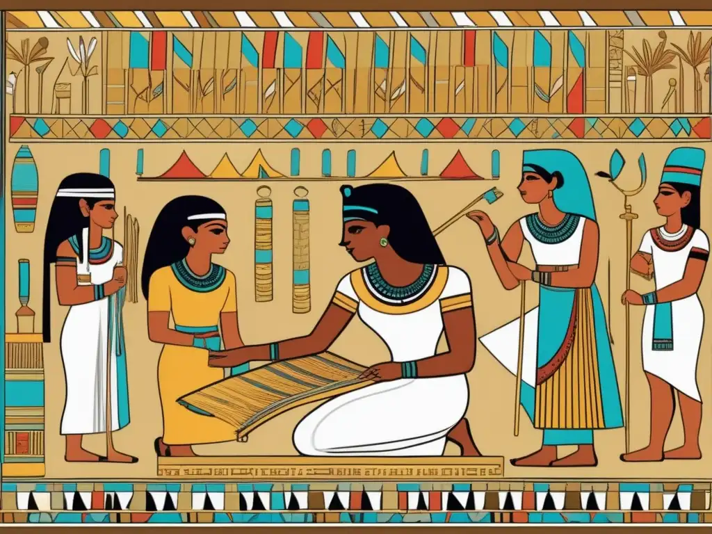 Vibrante escena en el antiguo Egipto de la moda infantil, artesanos confeccionando prendas con meticulosa atención al detalle