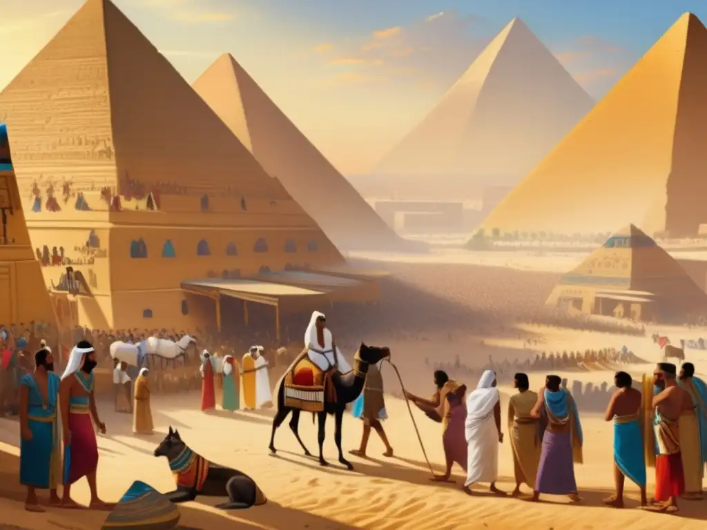 Vibrante escena en Egipto antiguo, muestra nómadas asiáticos interactuando en un bullicioso mercado