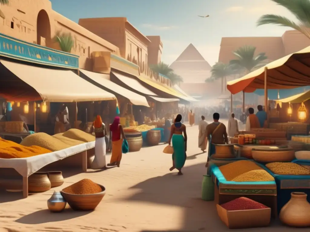 Vibrante escena en el antiguo Egipto durante el Primer Periodo Intermedio: un bullicioso mercado, eruditos discutiendo y la icónica Gran Esfinge
