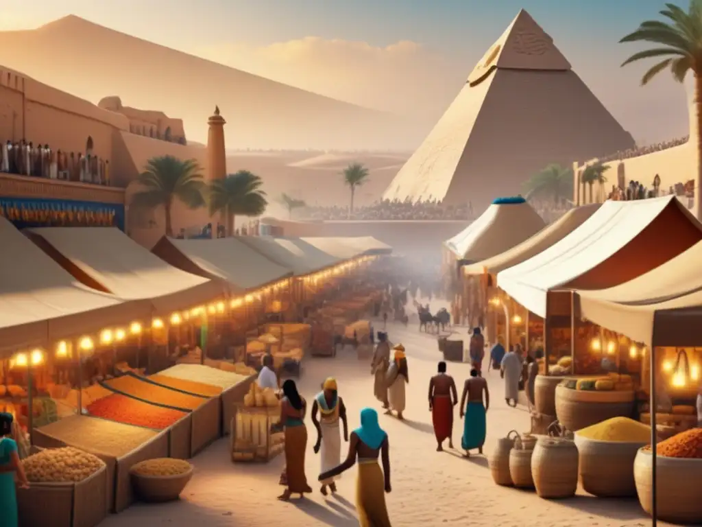 Una vibrante escena en 8k que muestra un bullicioso mercado antiguo con una relación entre Egipto y Mesopotamia