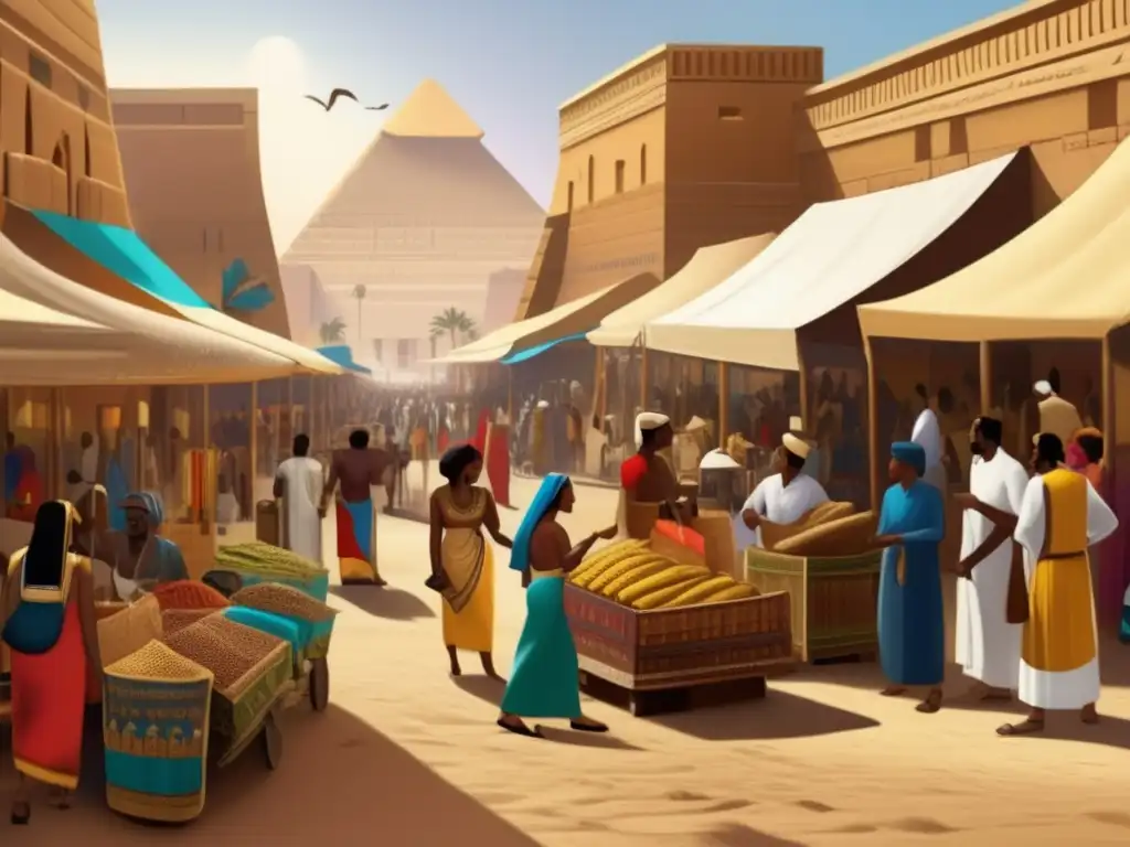 Vibrante escena en un bullicioso mercado del antiguo Egipto, reflejando la influencia nubia en la relación diplomática entre Egipto y Nubia