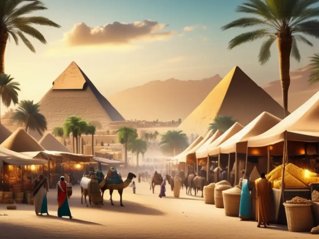 Una vibrante escena de un bullicioso mercado en el antiguo Egipto, documentando transacciones con papiros en el comercio