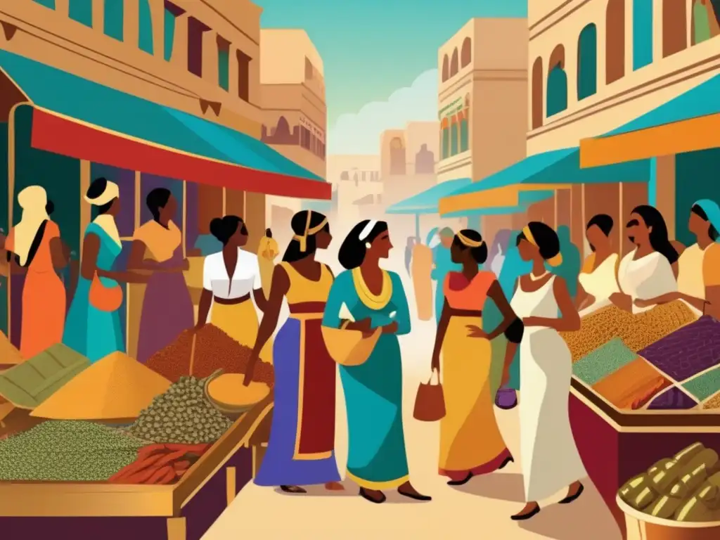 Vibrante escena de un bullicioso mercado egipcio que muestra los diversos roles de la mujer en Egipto