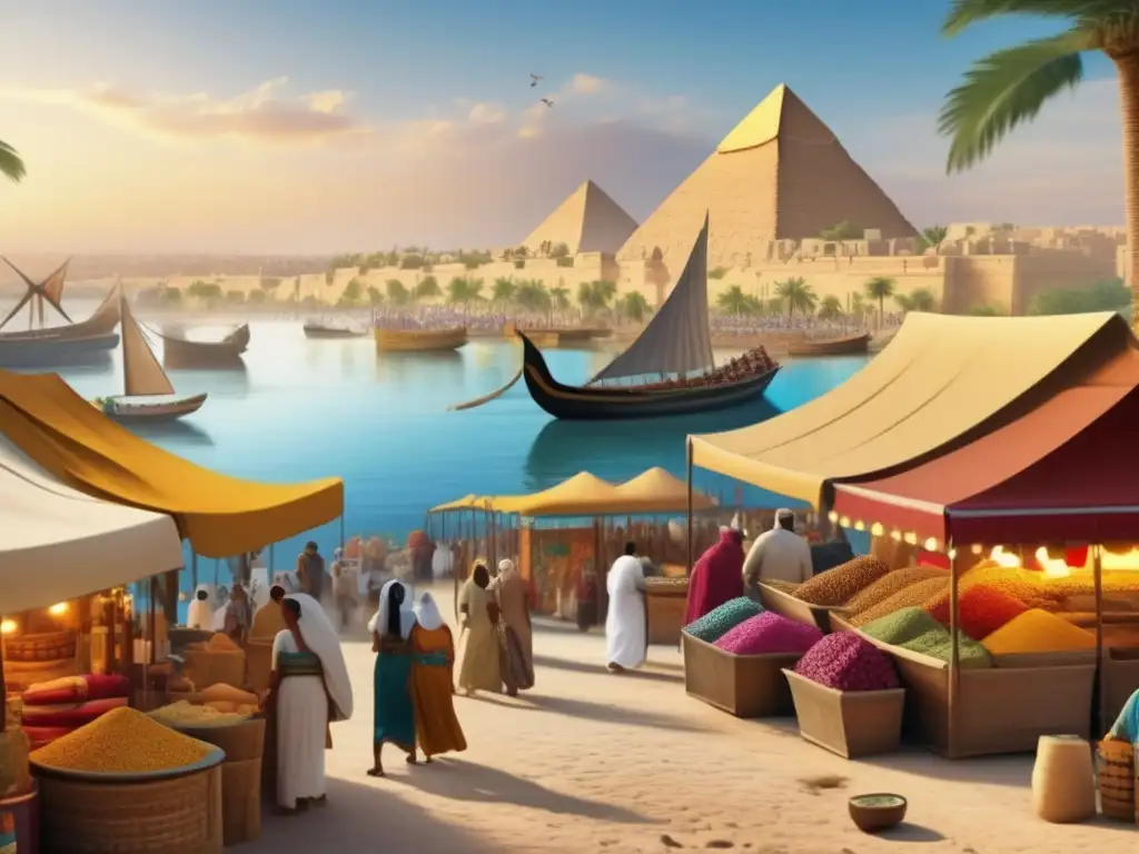 Vibrante escena de un bullicioso puerto en el antiguo Egipto, donde el comercio marítimo conectaba con el Mediterráneo