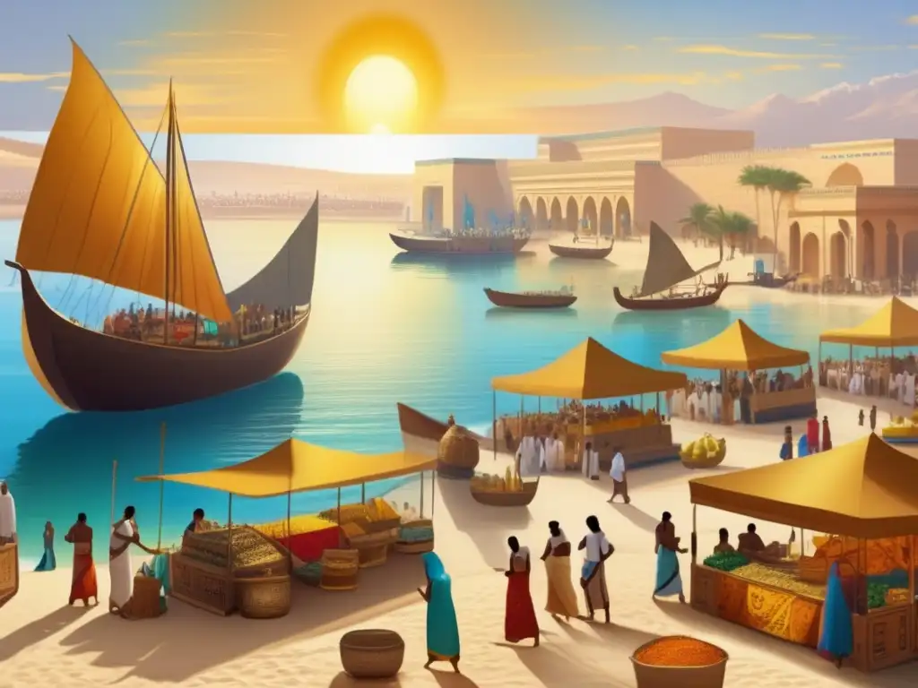Vibrante escena del comercio marítimo en el antiguo Egipto en el Mediterráneo