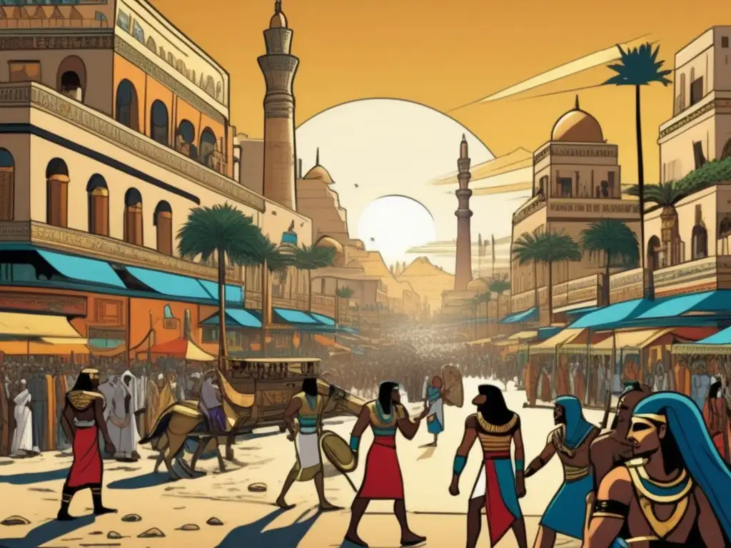 Una vibrante escena de un cómic egipcio que combina mitología egipcia en cómics modernos