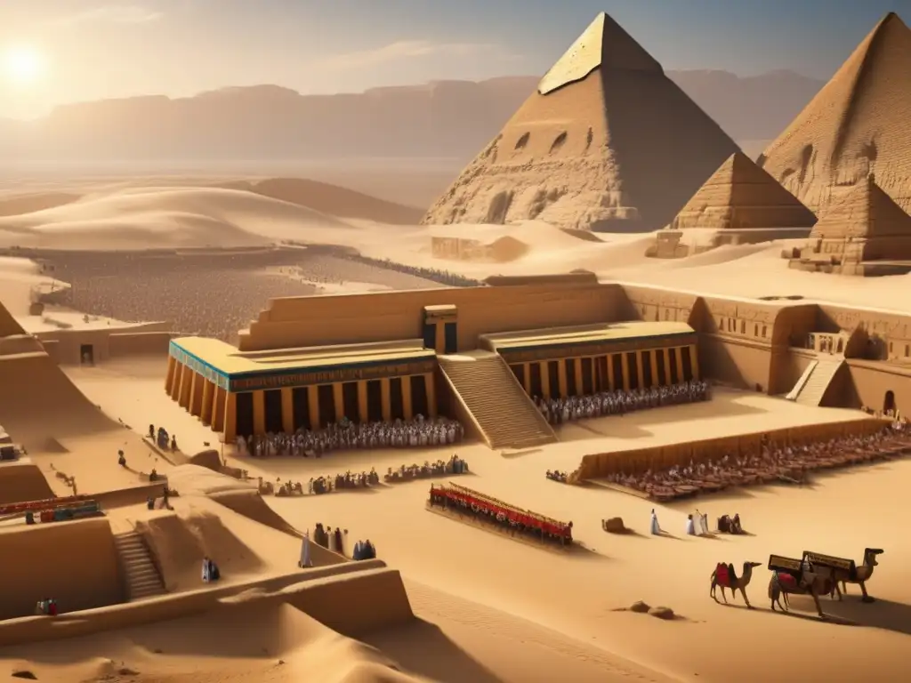 Vibrante escena en el Imperio Antiguo Egipto: administración meticulosa y majestuosos monumentos rodeados de un cielo azul