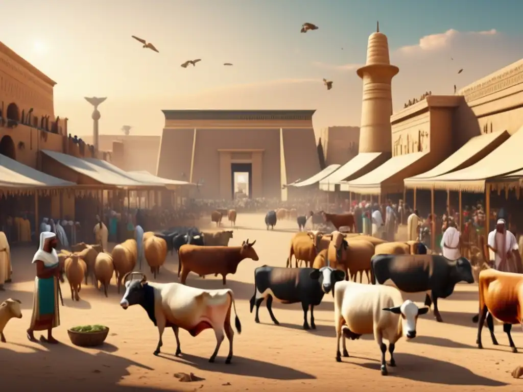 Vibrante escena de mercado en el antiguo Egipto, donde la ganadería era de gran importancia