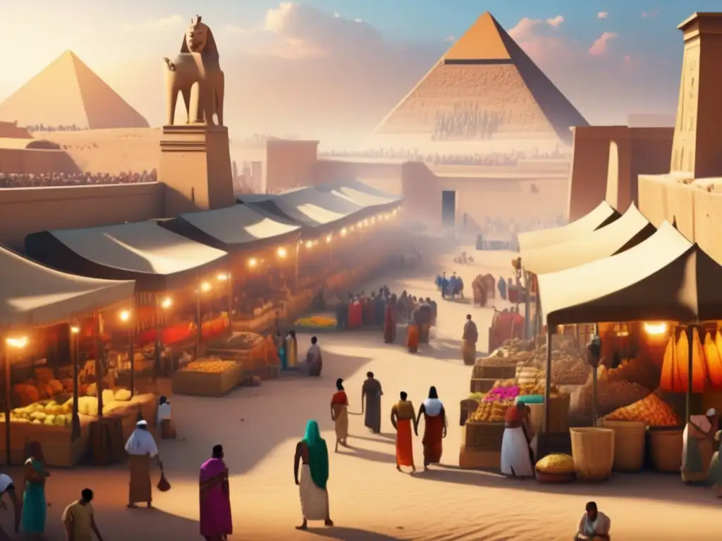 Una vibrante escena en un mercado antiguo de Egipto durante Tiempos Inciertos