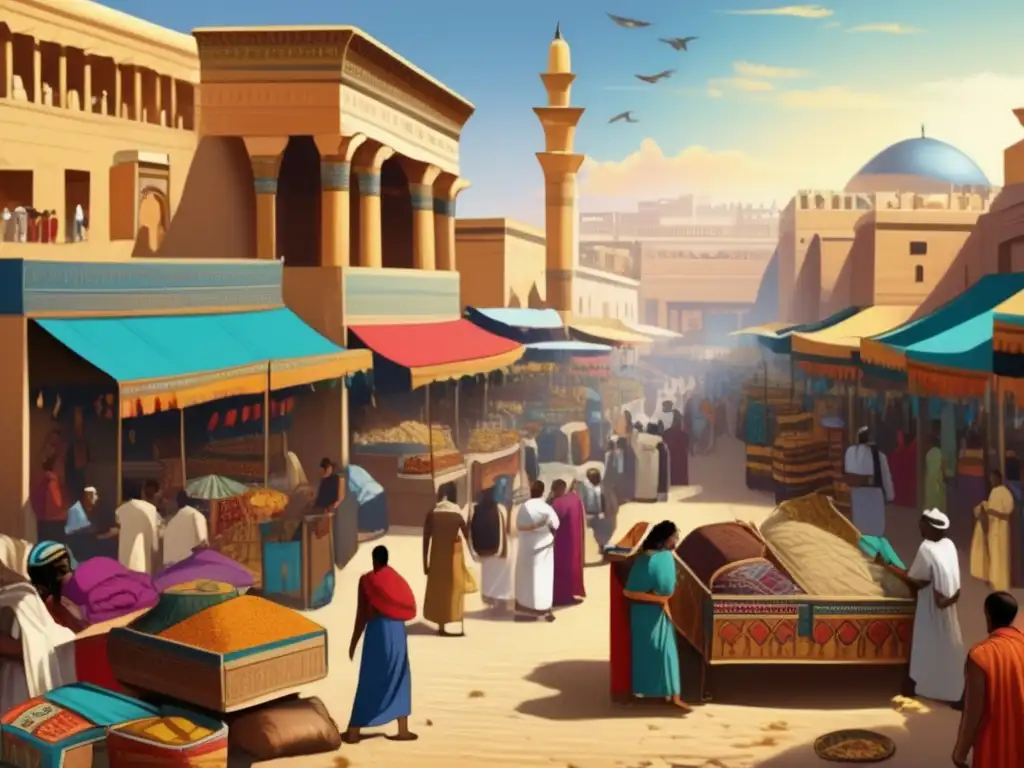 Vibrante escena de mercado en el antiguo Egipto, donde se destaca el comercio textil con el Levante Mediterráneo
