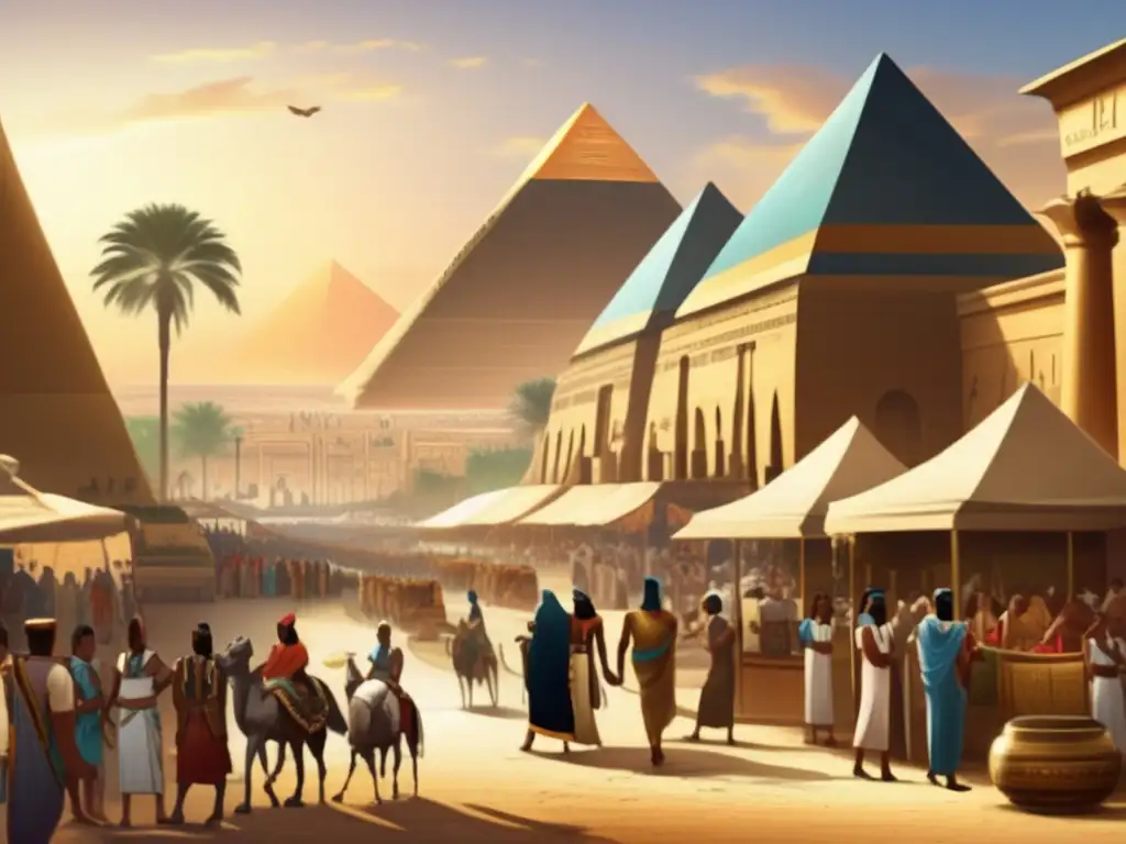 Vibrante escena en el mercado de Egipto antiguo, muestra la descentralización en el imperio egipcio