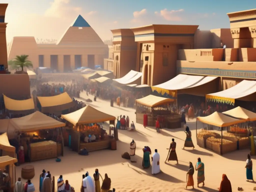 Vibrante escena de un mercado en el antiguo Egipto durante el Imperio Medio, donde comercio, cultura y conocimiento se entrelazan