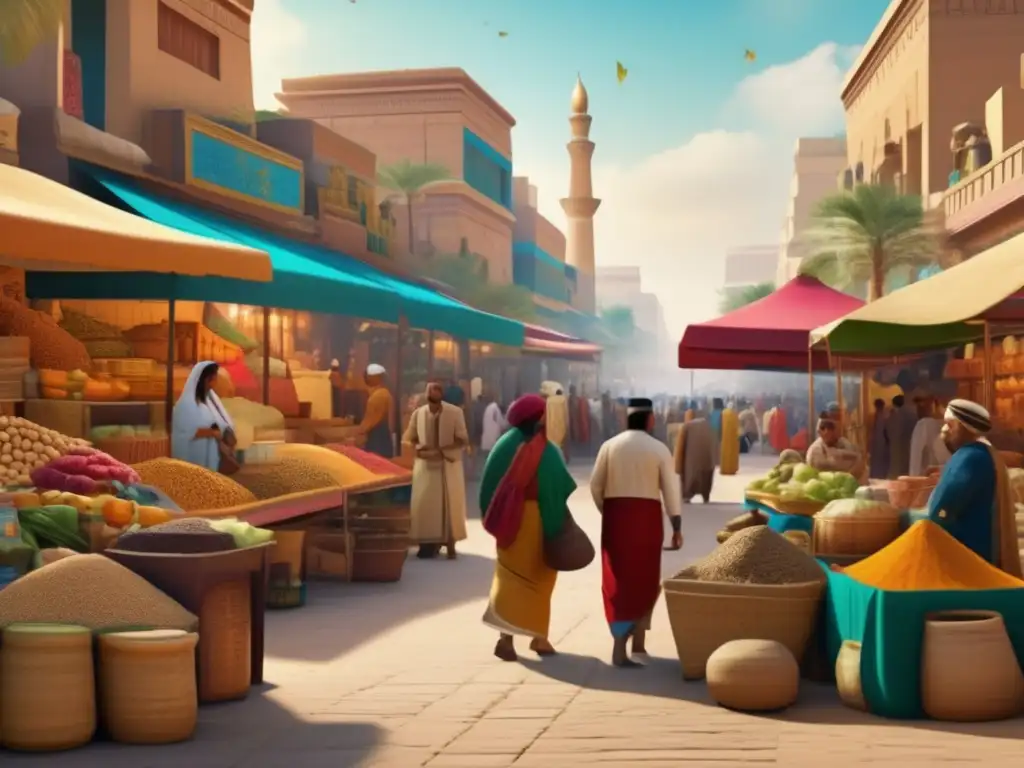 Una vibrante escena de un mercado egipcio vintage con influencias asiáticas