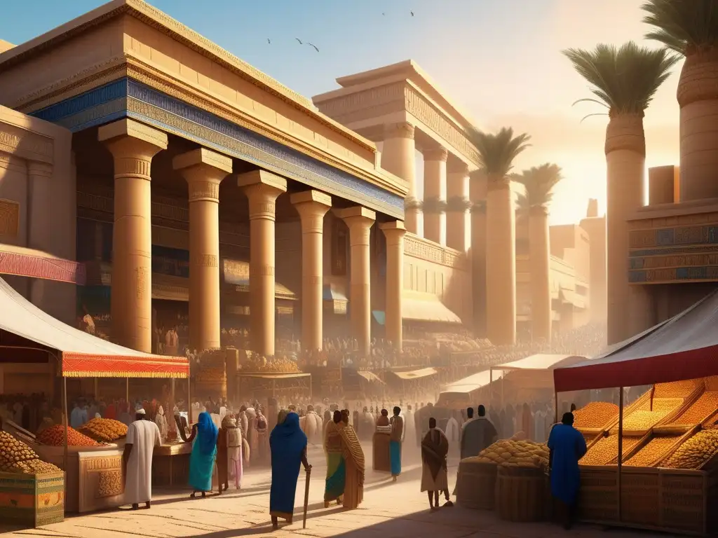Vibrante escena de mercado en el Imperio Nuevo de Egipto, revelando la vida cotidiana y el intercambio cultural