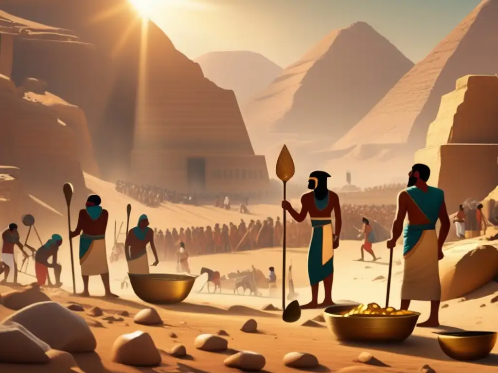 Vibrante escena de minería en el Imperio Antiguo Egipto, donde laboriosos trabajadores extraen piedras preciosas y metales en un paisaje montañoso