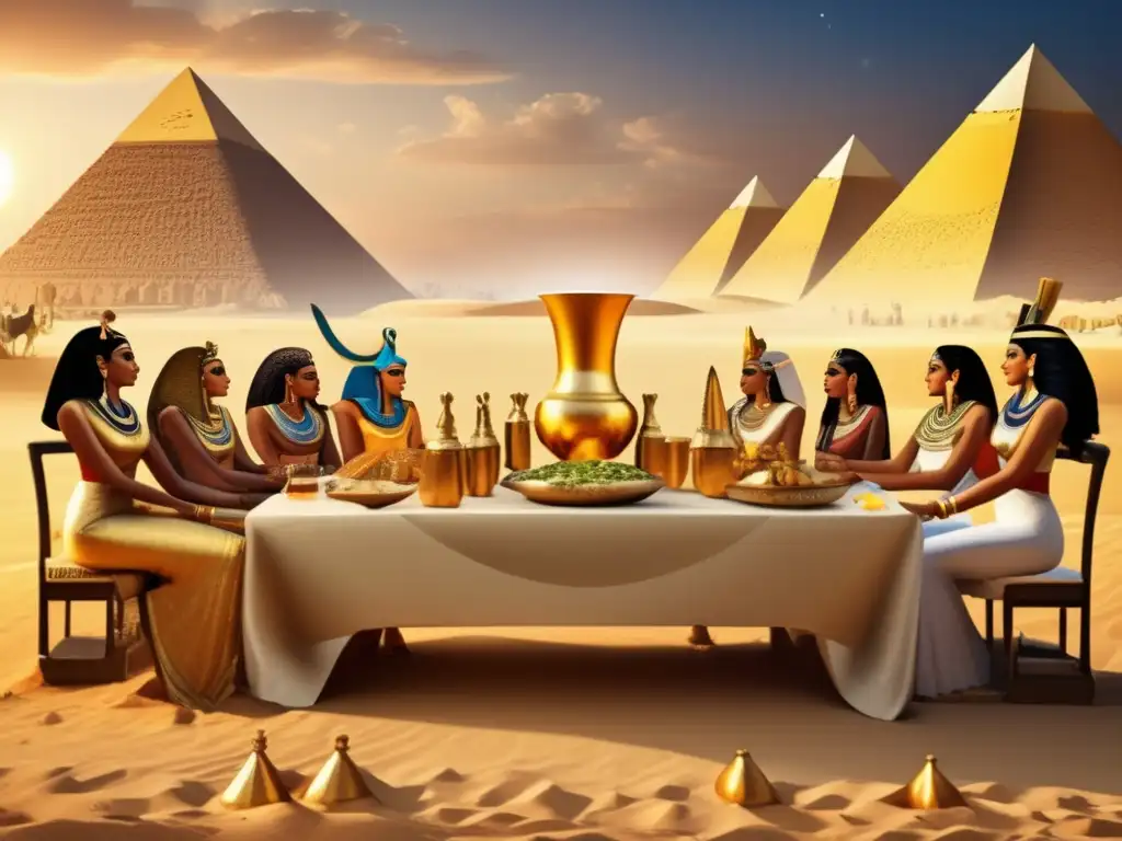 Vibrante escena de la mitología egipcia: dioses celebran alrededor de una mesa llena de cerveza dorada y espumosa en el antiguo Egipto
