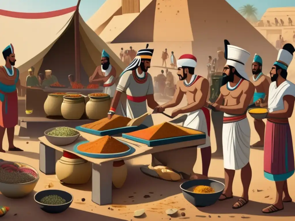 Vibrante escena de soldados egipcios preparando alimentos en un bullicioso campamento militar
