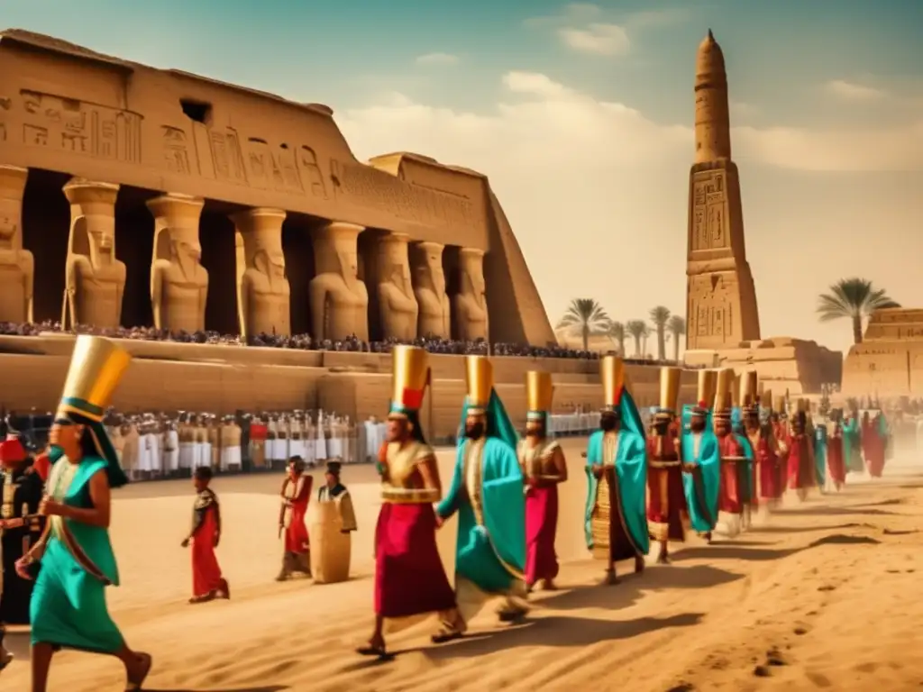 Una vibrante procesión durante la Fiesta de Opet en la mitología egipcia, frente al majestuoso Templo de Karnak