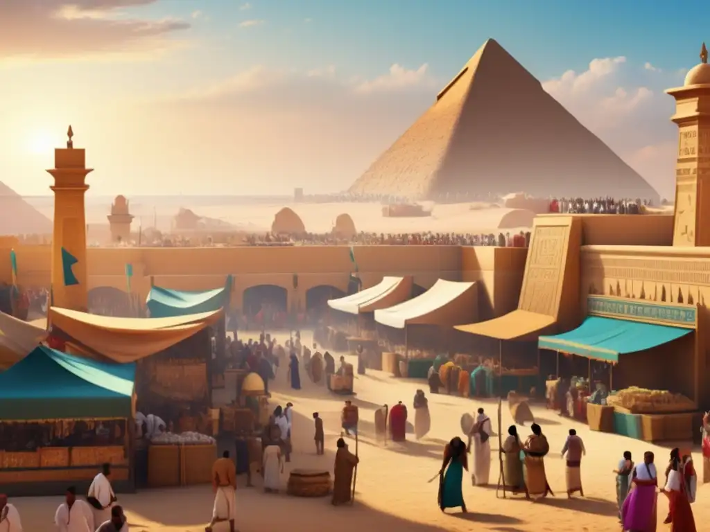 Una vibrante imagen en alta definición que muestra un bullicioso mercado en el antiguo Egipto, resaltando la jerarquía en la civilización egipcia