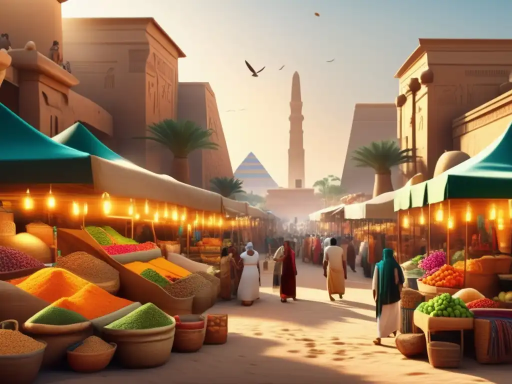 Una vibrante imagen 8k muestra un bullicioso mercado egipcio antiguo