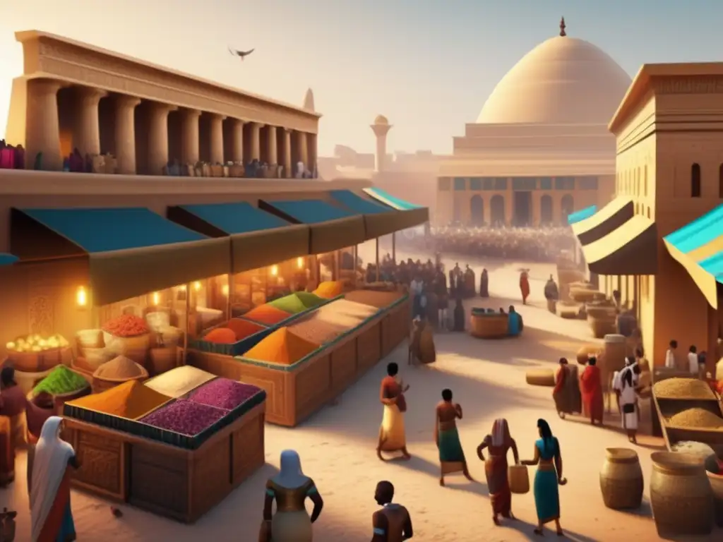 Una vibrante imagen 8k de un bullicioso mercado en el antiguo Egipto durante el Imperio Medio