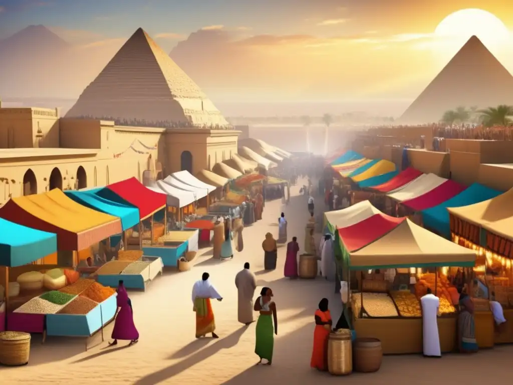 Una vibrante imagen de la economía en el Imperio del Faraón en el antiguo Egipto, con un bullicioso mercado lleno de comerciantes y clientes