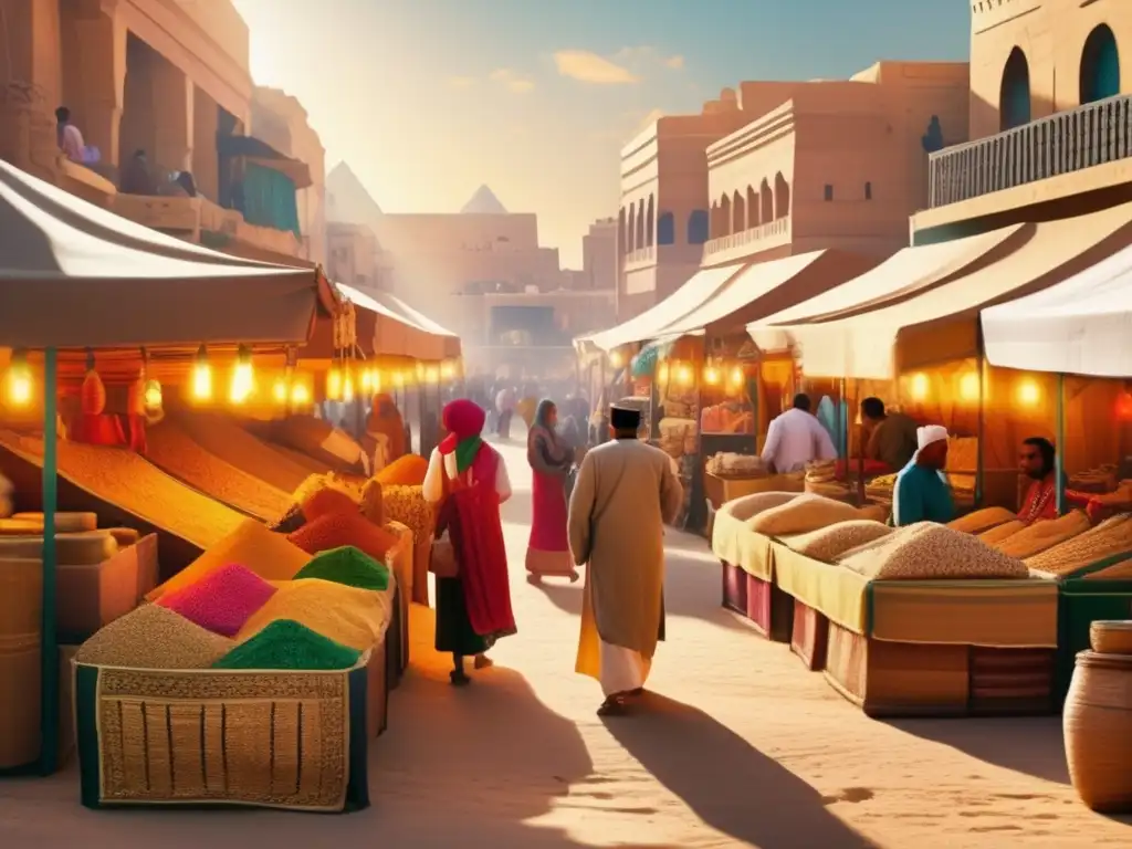 Una vibrante imagen estilo vintage que muestra un bullicioso mercado egipcio en la antigua ciudad de Punt