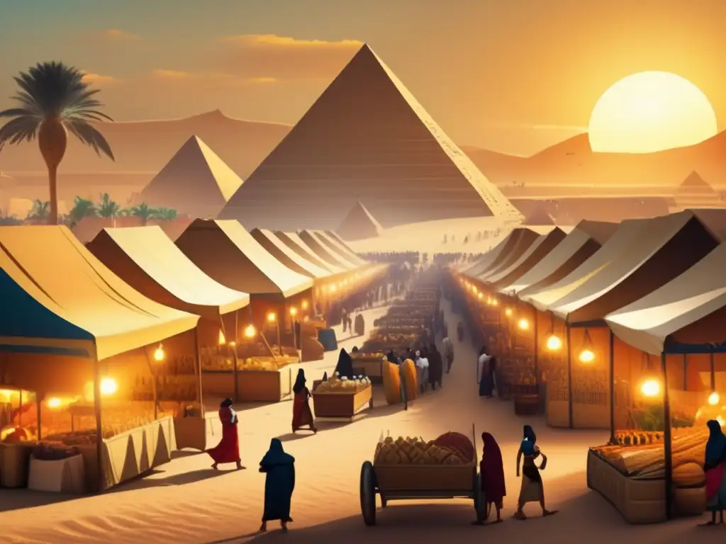 Una vibrante imagen inspirada en el pasado muestra un bullicioso mercado egipcio antiguo en medio de un conflicto militar