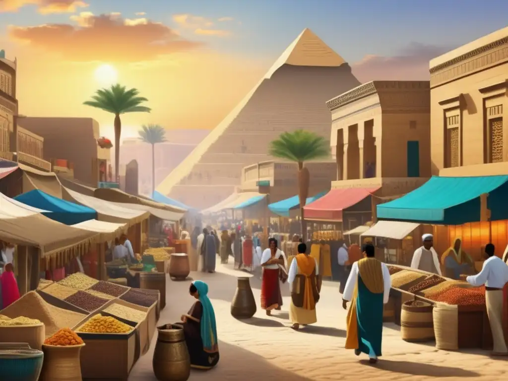Vibrante imagen de la vida cotidiana en el antiguo Egipto durante el Imperio Nuevo, con mercados llenos de colores, artesanos y una rica cultura