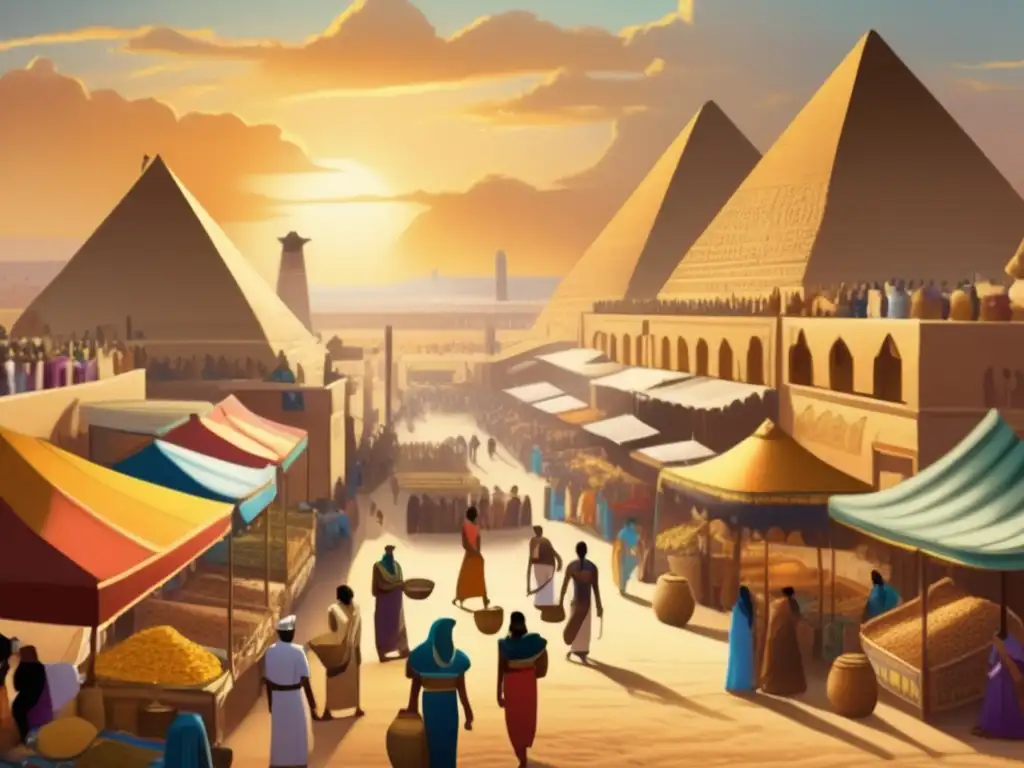 Un vibrante mercado en una antigua ciudad egipcia, donde se venden especias, textiles y cerámica
