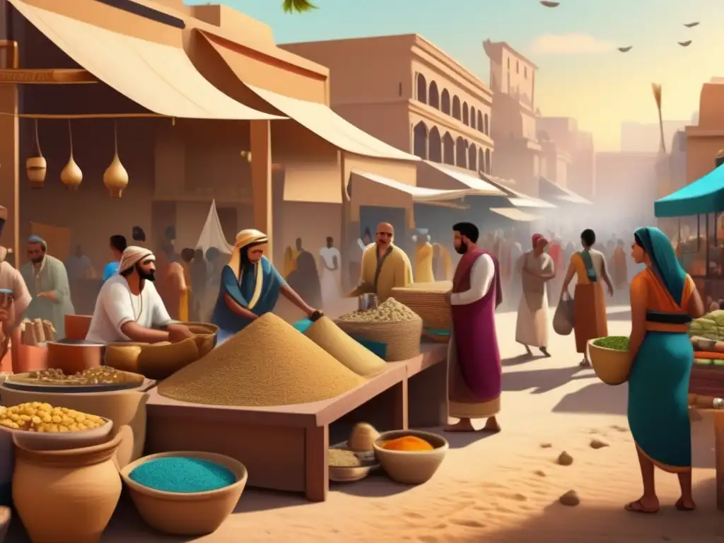 Vibrante mercado en el antiguo Egipto, con artesanos habilidosos creando obras maestras