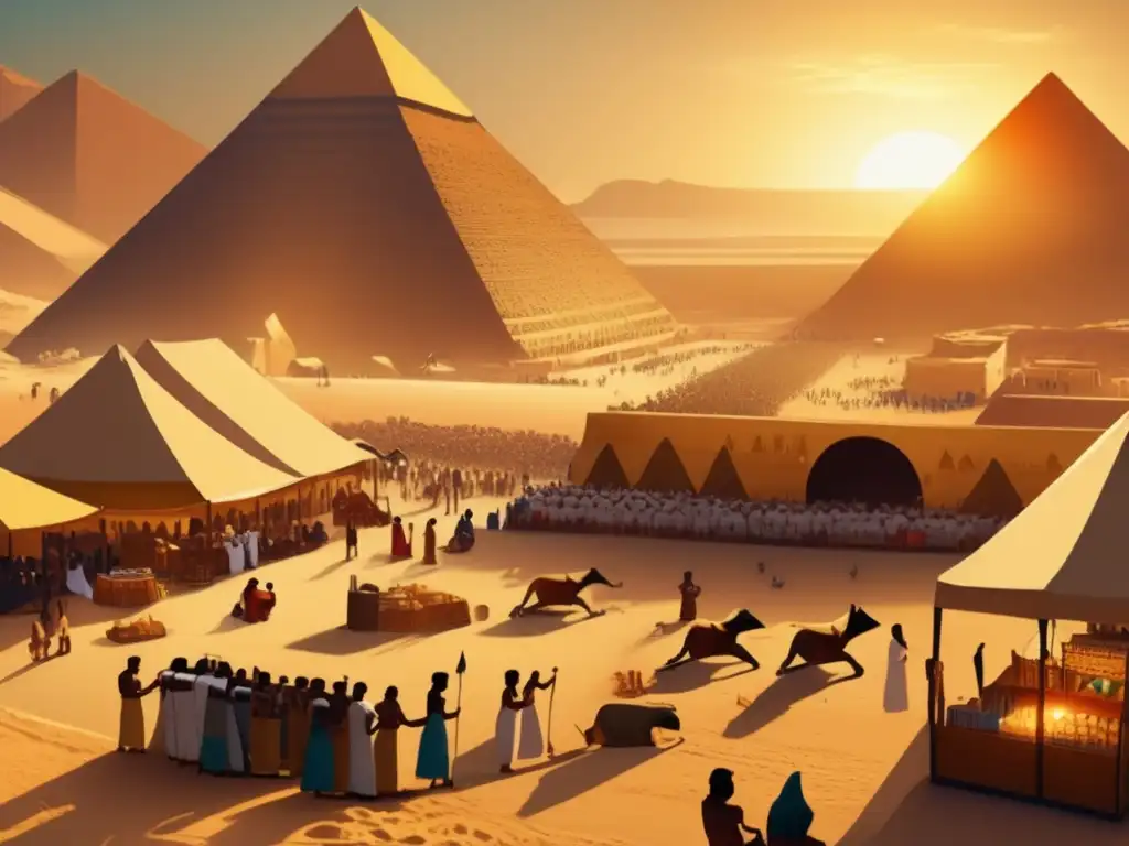 Un vibrante mercado en el Antiguo Egipto, bañado por el sol dorado del atardecer