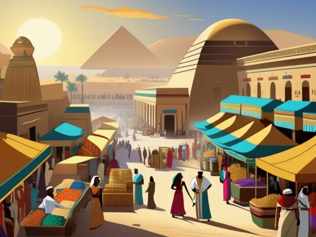 Un vibrante mercado en el antiguo Egipto muestra el bullicio del sistema financiero y la próspera actividad comercial de la época