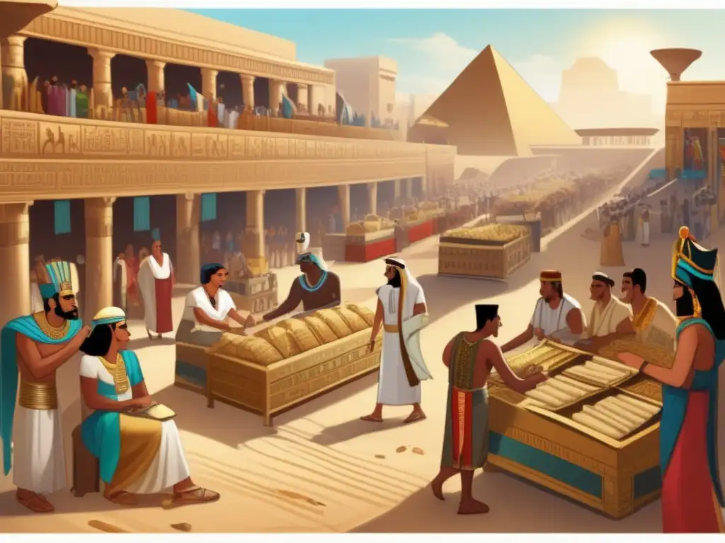 Un vibrante mercado antiguo en Egipto, muestra el bullicio de comerciantes y clientes en transacciones financieras