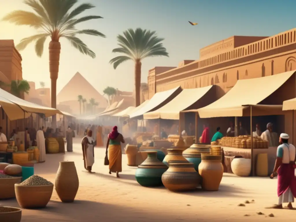 Vibrante mercado en antiguo Egipto, con ceramistas creando piezas detalladas