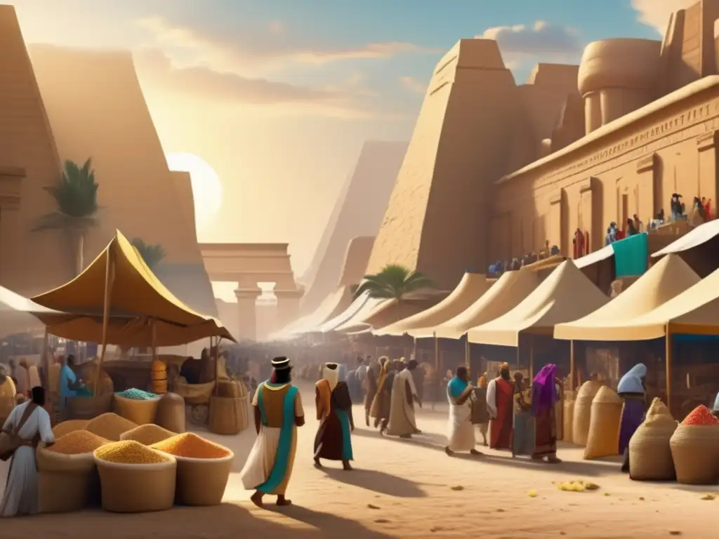 Un vibrante mercado en el antiguo Egipto faraónico, donde los comerciantes negocian cereales y granos con bullicio y colores vivos