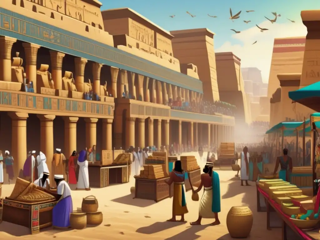 Vibrante mercado en el antiguo Egipto, donde comerciantes y escribas intercambian papiros y utensilios de escritura